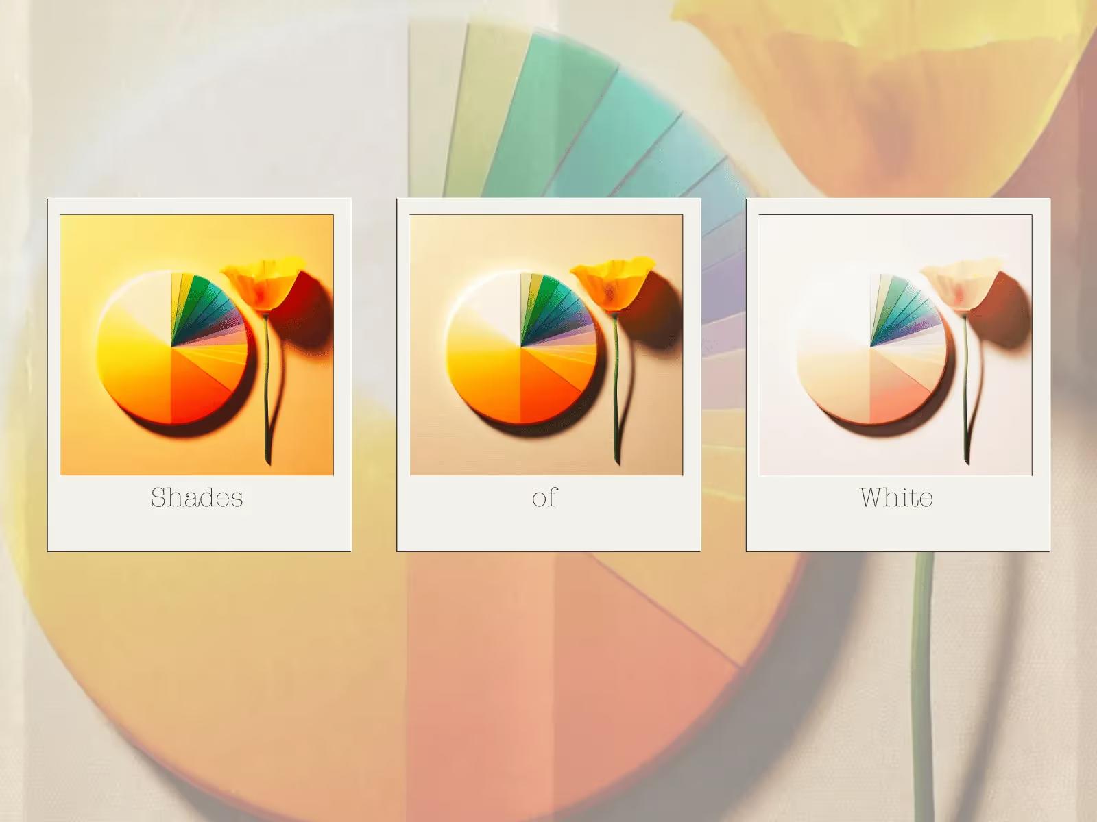 Three polaroid-style images are arranged against an abstract background with pastel colors. Each image contains a circular graphic with multicolored segments resembling a pie chart. The first polaroid is labeled "Shades," the second "of," and the third "White," together reading "Shades of White." The images have a soft, warm glow, suggesting a theme related to color variation and subtlety.