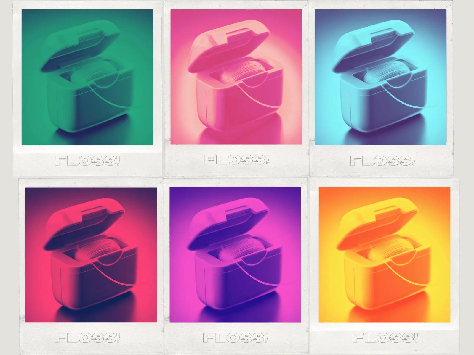 A colorful pop-art style collage of dental floss containers, each in a different vibrant hue, with the word "FLOSS!" printed below each image in a retro font.
