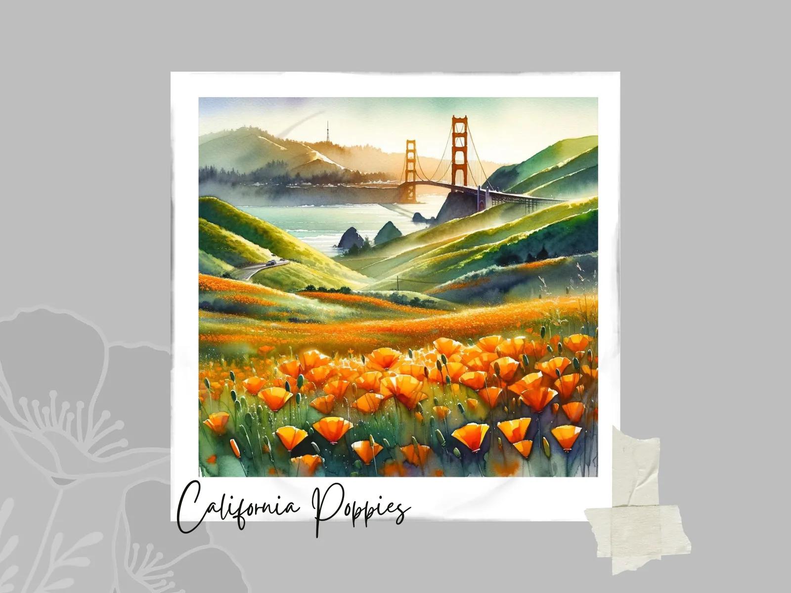 A colorful watercolor painting depicts a lush landscape filled with a vibrant field of orange California poppies stretching towards the horizon, where the rolling hills meet the misty San Francisco bay. The iconic Golden Gate Bridge spans the bay in the background, silhouetted against the golden light of a setting sun peeking through the clouds. The painting is titled "California Poppies" in a handwritten script below the artwork.