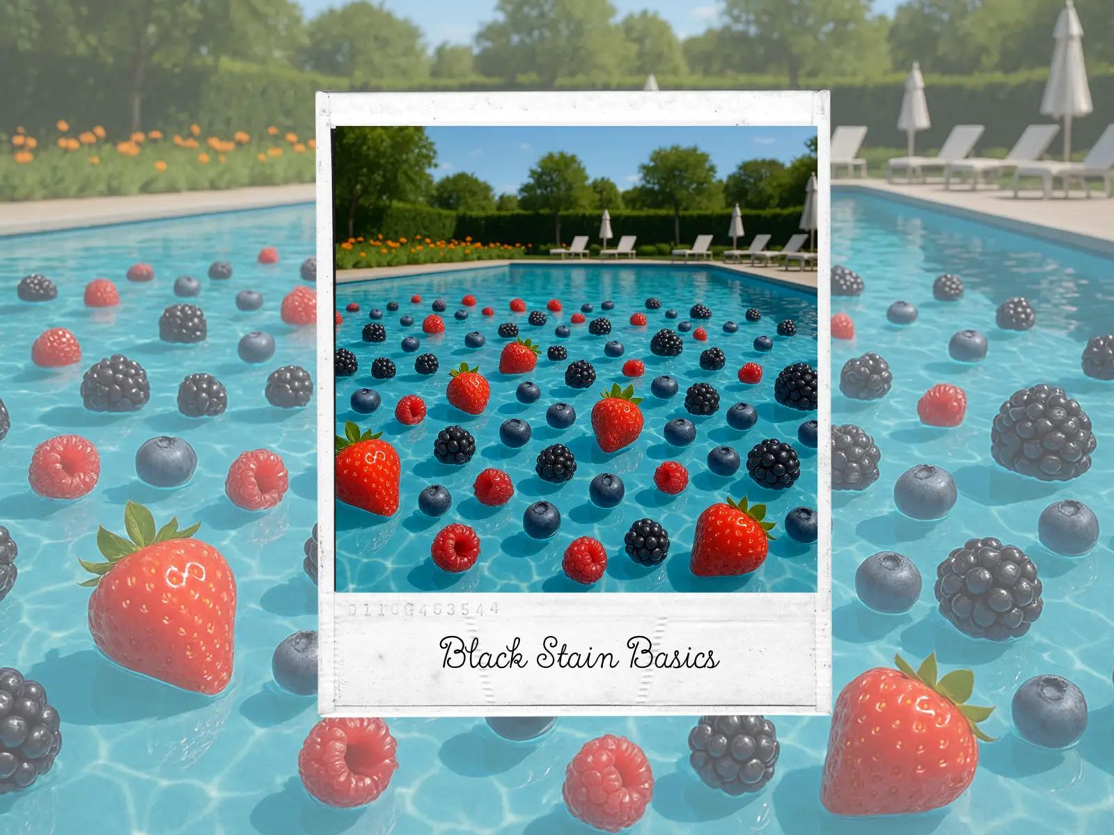 A swimming pool filled with floating berries like strawberries, blackberries, blueberries, and raspberries. In the background are lounge chairs and white umbrellas. A photo frame overlay in the center highlights the pool and berries with the caption “Black Stain Basics,” referencing a blog about chromogenic bacteria and dental stains.