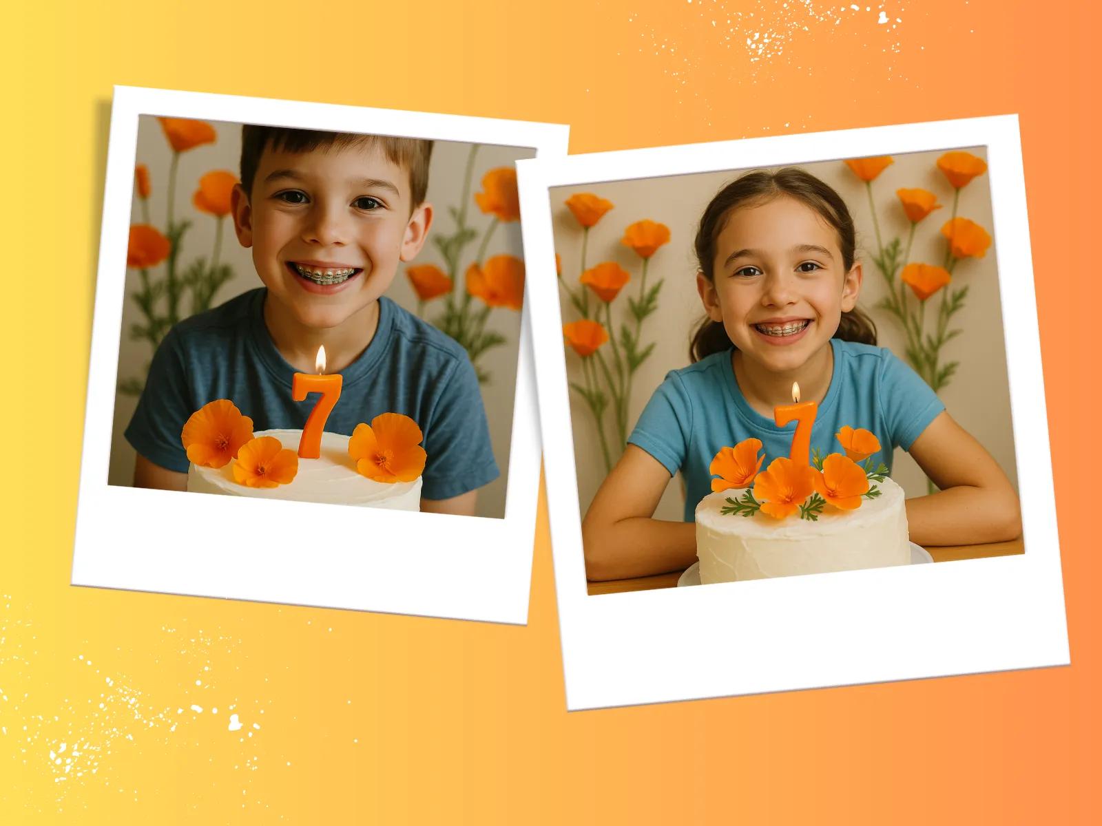 Two smiling children celebrating their 7th birthday, each pictured with a white cake topped with an orange number 7 candle and vibrant orange California poppies. Both kids wear blue shirts and are set against a cheerful floral backdrop. The caption reads, 'Seven and Smiling Bright.