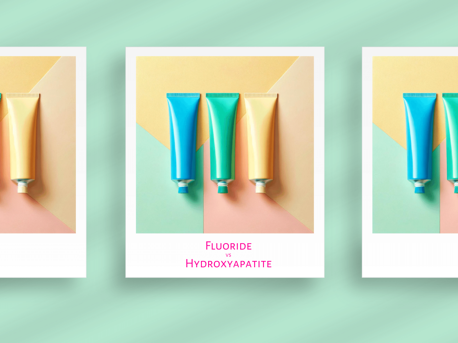 Three colorful tubes of toothpaste with blue and red lettering stand upright on a yellow and green striped background. The text "fluoride" is written in red, and the text "hydroxyapatite" is written in a red under the tubes of toothpaste.