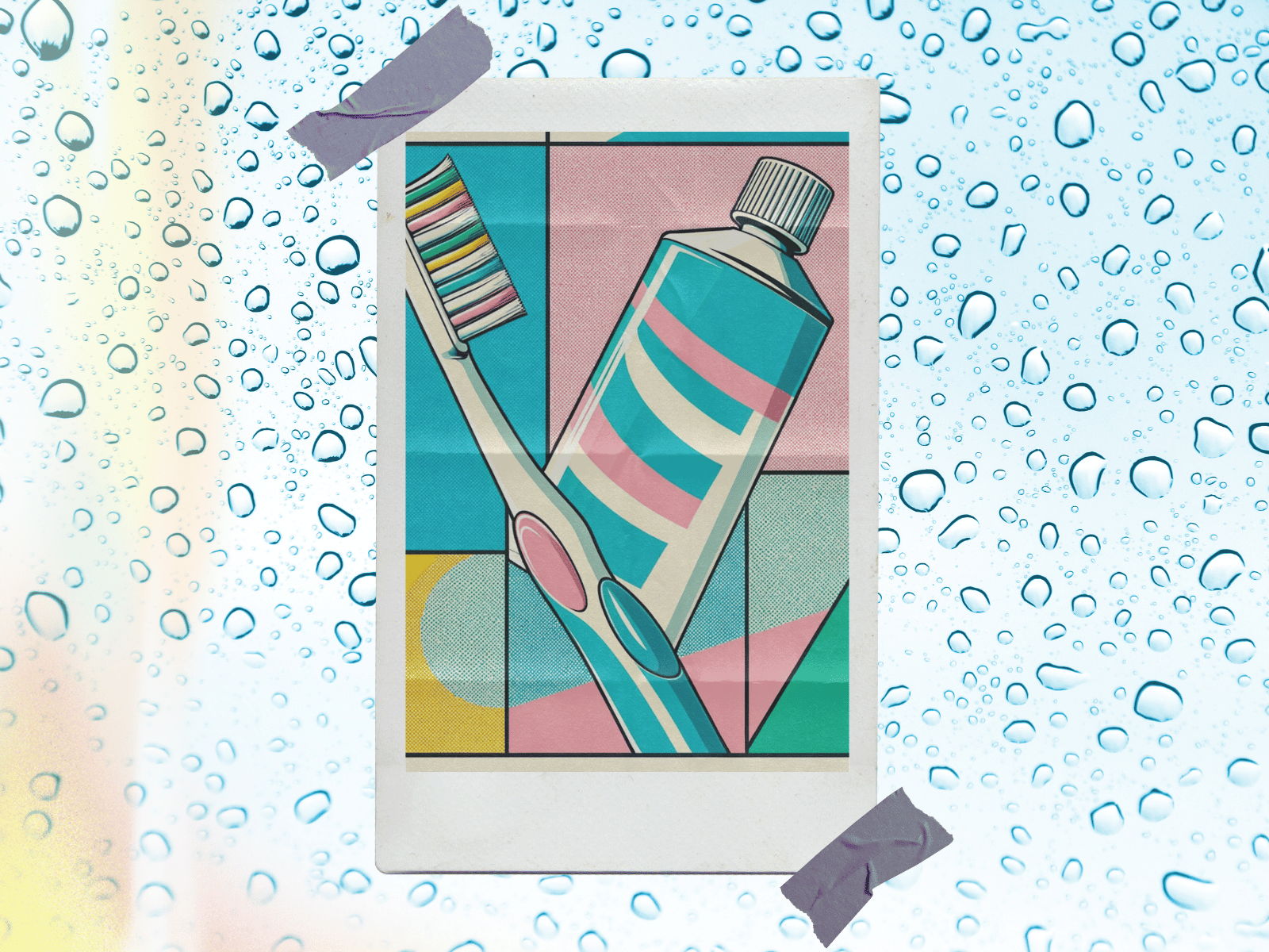 A vibrant, stylized illustration of a toothpaste tube and toothbrush positioned against a colorful geometric background, framed as a Polaroid photo. The toothpaste tube features a striped design in shades of teal, pink, and yellow, while the toothbrush has multicolored bristles. This image is set on a backdrop with water droplets, suggesting freshness and the importance of oral hygiene, with pieces of tape at the top and bottom, giving it a casual, pinned-up look.