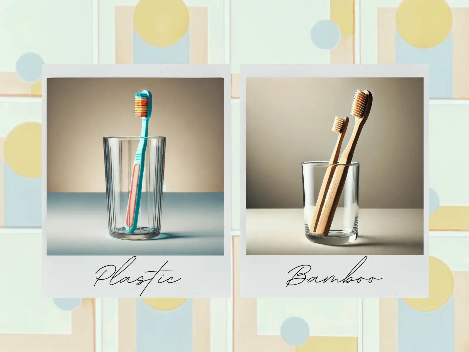 The image displays two toothbrushes, each placed in a clear glass cup. On the left is a plastic toothbrush with a turquoise and orange design, highlighted against a simple beige background and partially overlaid with a decorative pattern featuring soft pastel circles. On the right is a bamboo toothbrush with brown bristles, presented against a similar backdrop but distinguished by its natural wooden texture. Each glass is labeled accordingly with "Plastic" and "Bamboo" in elegant handwriting, illustrating a visual comparison between traditional and eco-friendly toothbrush options.