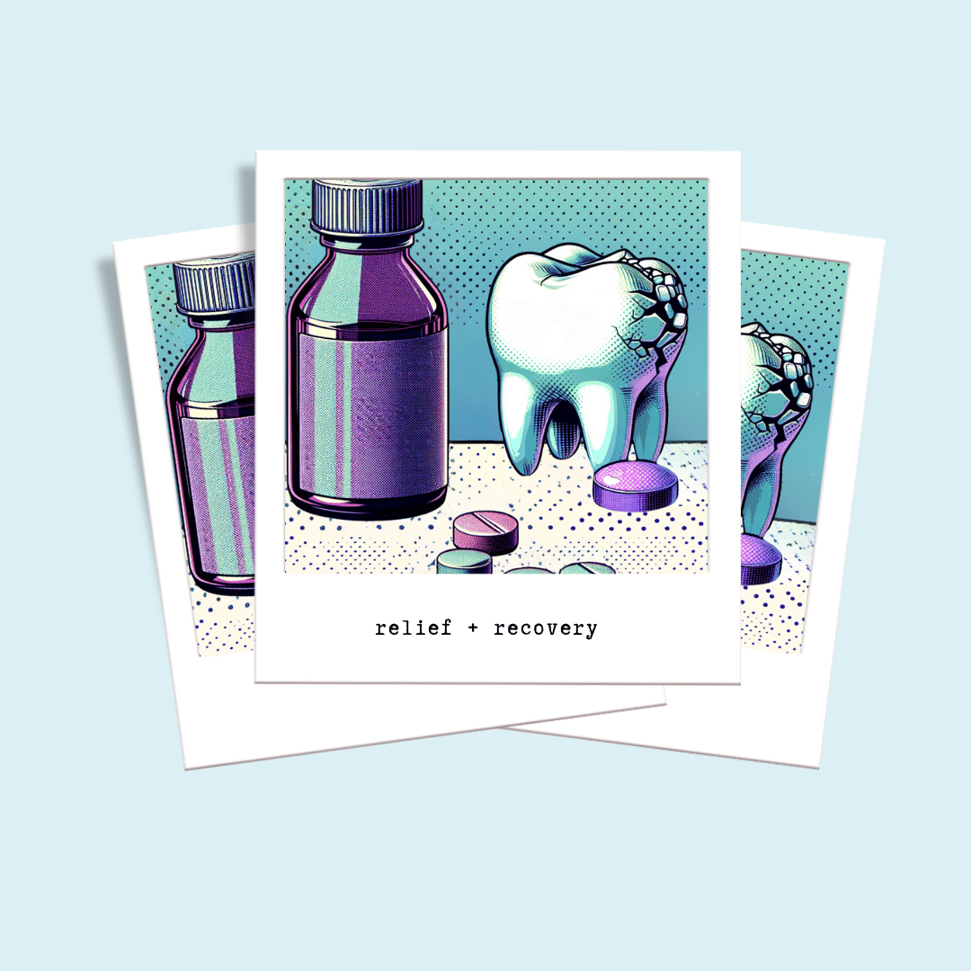 An illustration featuring three Polaroid-style snapshots arranged on a pale blue background. The images depict stylized dental health items in a pop art manner, with vibrant purples and teals. One picture shows a bottle with spilled pills, the second a healthy tooth, and the third a tooth with a visible crack. Below the images, the text 'relief + recovery' suggests a theme of dental healing and care.