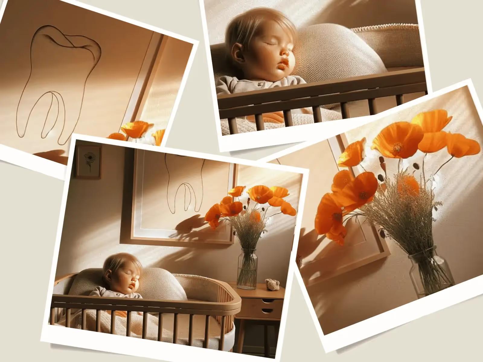 The image is a collage of four photographs with a warm and soft ambiance, likely from a baby's nursery. In the upper left, there's a whimsical line drawing of a tooth on the wall, suggesting the theme might be related to teething. The top right photo features a baby sleeping peacefully in a crib, with natural light filtering through, highlighting the tranquility of the scene. The bottom left image mirrors the top left with the tooth drawing, but this time the sleeping baby is also included, providing a serene and intimate look into the crib. Lastly, the bottom right picture showcases a bouquet of vibrant orange poppies in a clear glass vase, positioned on a wooden table next to a small, framed picture and in front of a window, adding a pop of color and life to the nursery. The overlapping of the photos creates a dynamic and modern collage effect.
