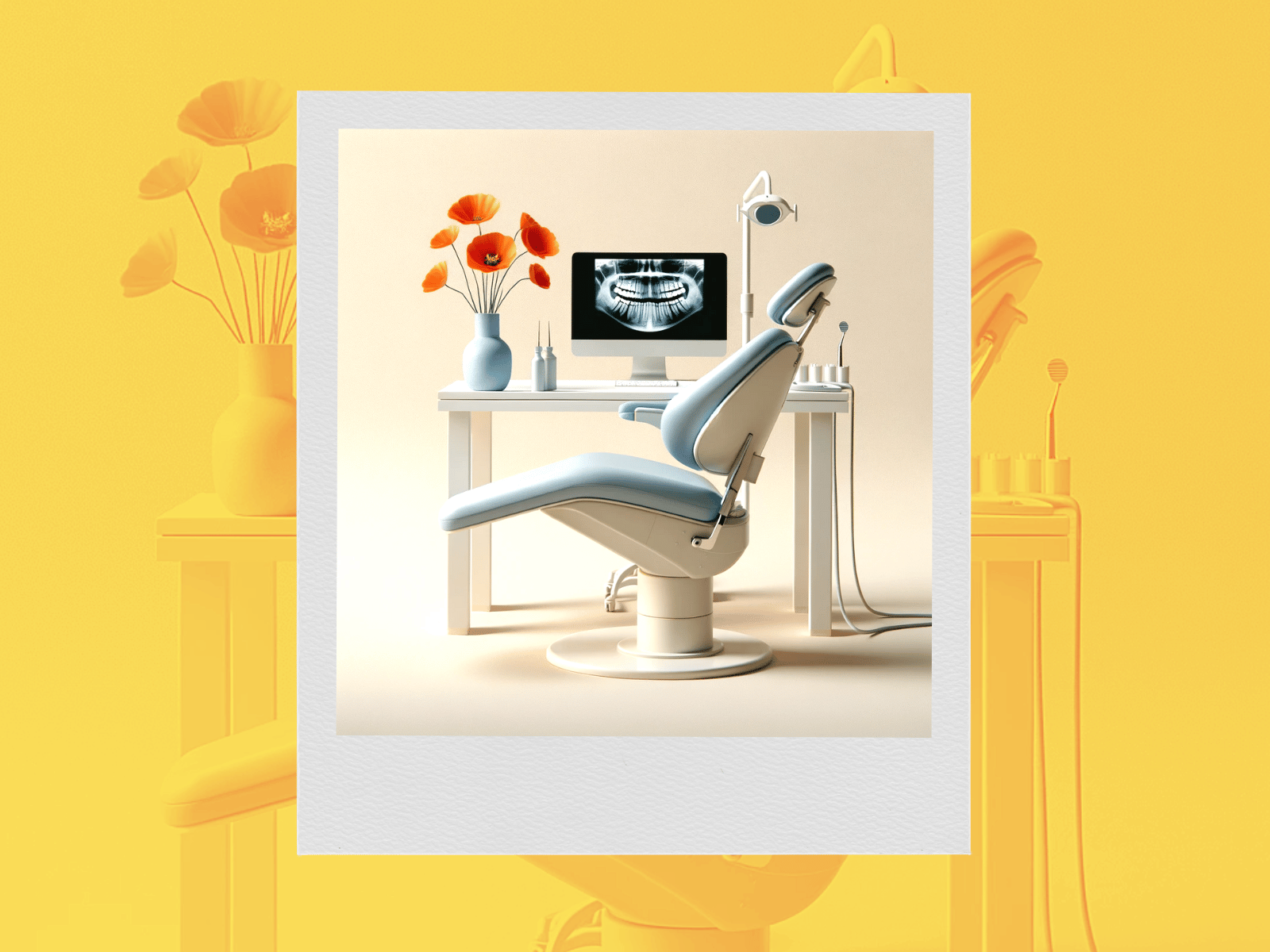 An illustrated dental clinic setup with a modern and minimalistic design. The room is bathed in a warm, yellow hue with a comfortable-looking dental chair in the center, positioned in front of a desk with a computer monitor displaying an x-ray of a set of teeth. To the side of the monitor, there's a vase with orange poppies adding a splash of color. The scene conveys a clean and serene atmosphere, suggesting a calm dental care experience.