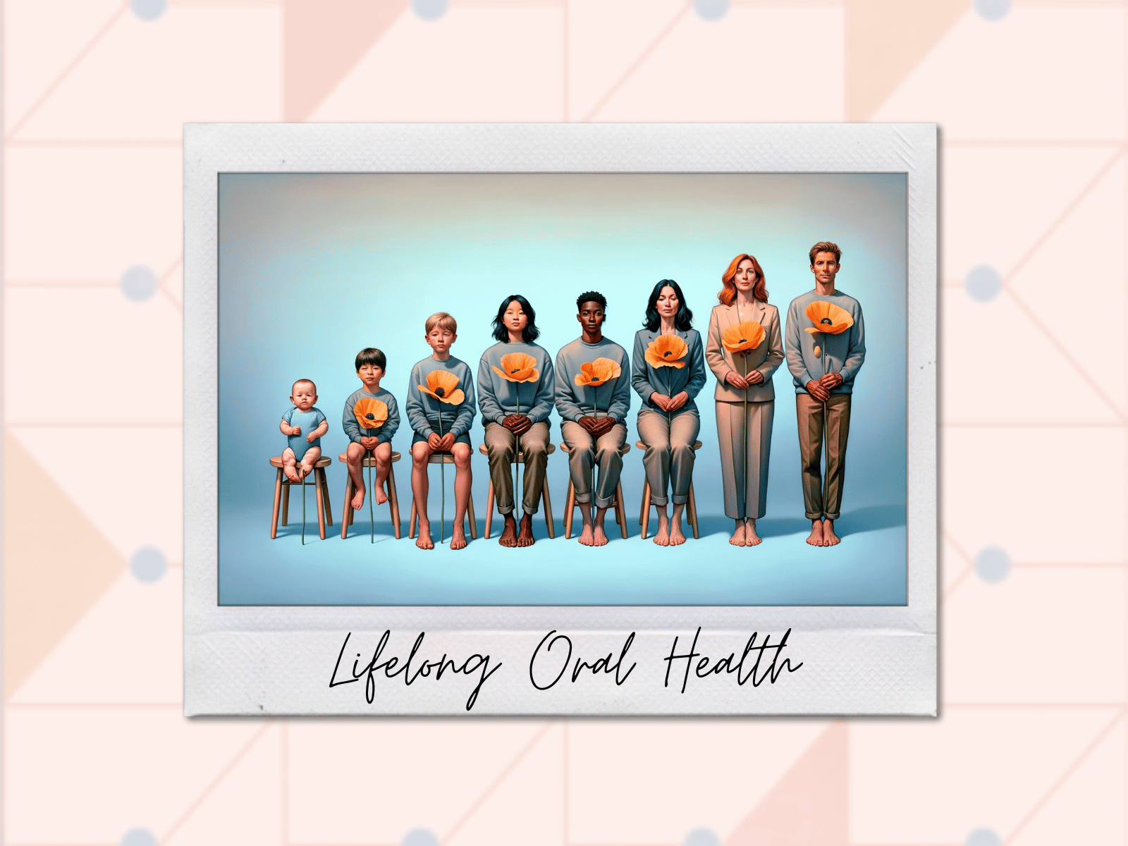 An illustration contained within a Polaroid-style frame on a patterned background, showcasing a diverse group of seven individuals spanning different ages seated and standing against a soft blue backdrop. They are wearing matching light blue sweatshirts adorned with a large orange poppy flower. The group represents a family unit, symbolizing various life stages, from a baby on a wooden stool to older adults, conveying the message of 'Lifelong Oral Health' written below the image.
