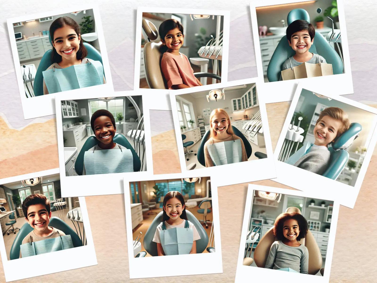 A collage of smiling children seated in dental chairs, each wearing a bib, showing a happy and relaxed experience at the dentist. The background appears to be a clean, bright dental office.