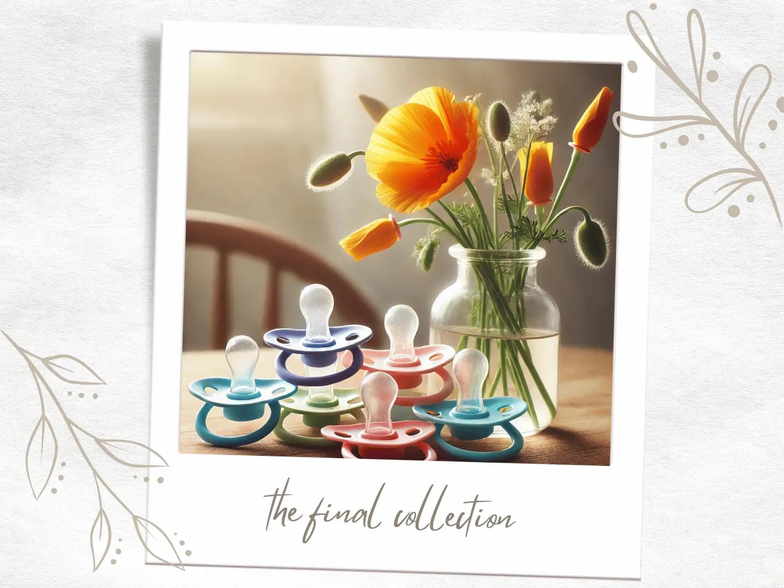 Polaroid-style photo of a collection of pastel-colored pacifiers arranged on a table next to a glass jar filled with vibrant orange poppies and green foliage. Text at the bottom reads 'the final collection,' with decorative leaves surrounding the image.