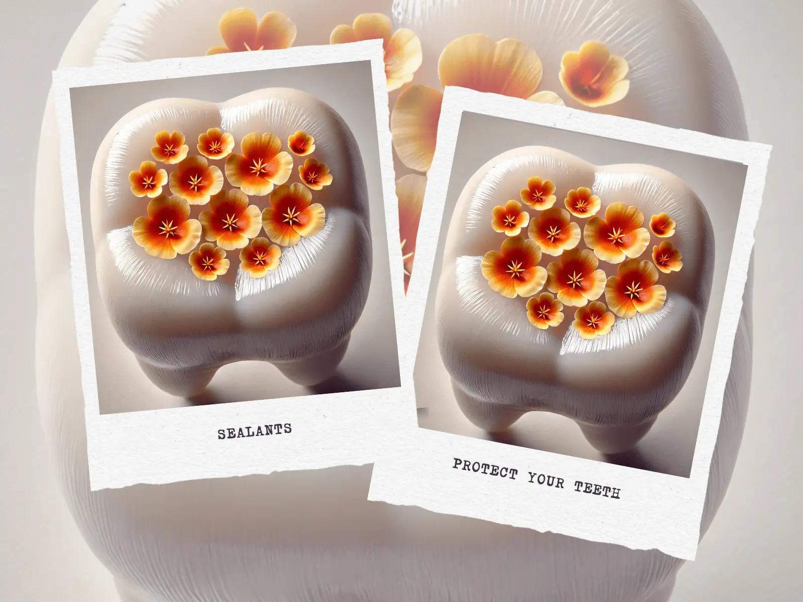 An artistic representation of a tooth featuring flower-like designs resembling dental sealants applied to the grooves. The text on the image reads 'Sealants' and 'Protect Your Teeth,' emphasizing the role of sealants in preserving dental health.