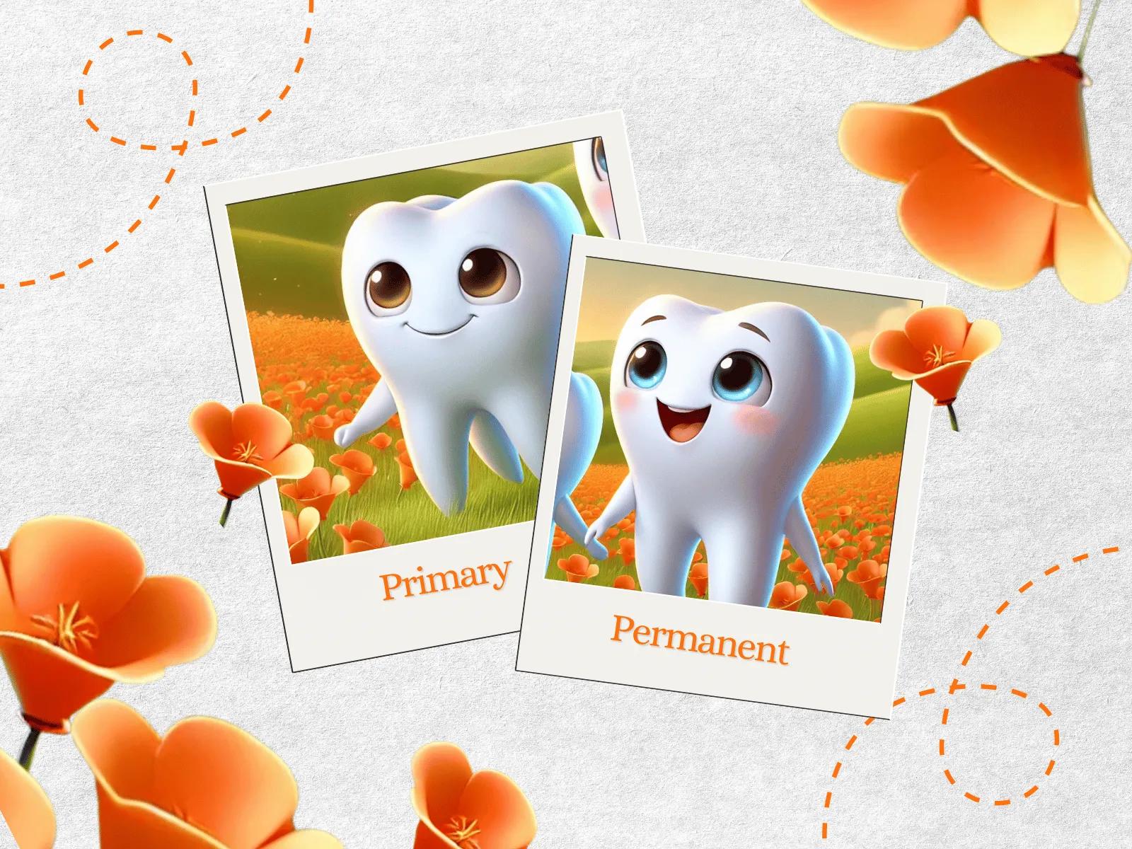 Two animated polaroid photos showing smiling cartoon teeth characters against a field of orange flowers. One photo is labeled "Primary" and the other "Permanent", representing baby teeth and adult. teeth.