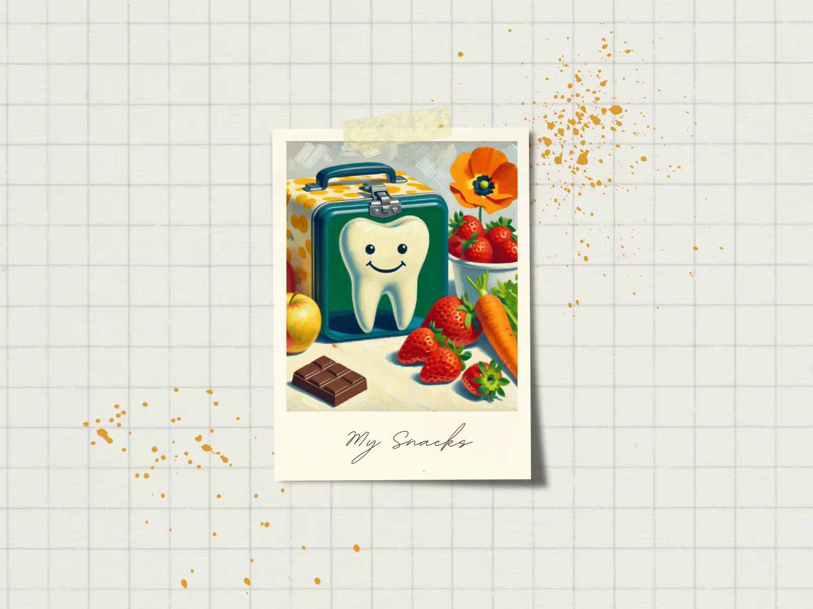 An artistic representation of a smiling cartoon tooth standing next to a lunchbox filled with various foods, set against a grid background with scattered orange dots. The tooth appears happy, surrounded by a healthy apple, carrots, and strawberries, suggesting nutritious eating choices. In contrast, there's also a piece of chocolate, indicating a balance of treats in a diet. The phrase 'My Snacks' is handwritten at the bottom, adding a personalized touch to the image.
