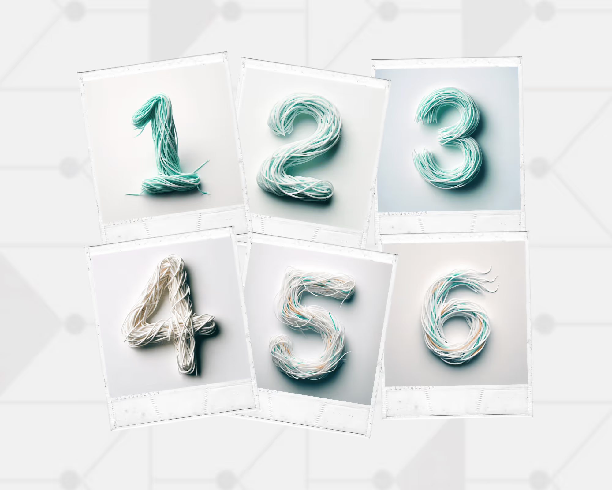 Six Polaroid-style photographs laid out on a light background featuring numbers one to six, artistically created from twisted string in shades of teal and white. Each number is centrally placed within its own frame, with a soft shadow casting on the surface beneath, suggesting a gentle and creative approach to presenting a numbered list.