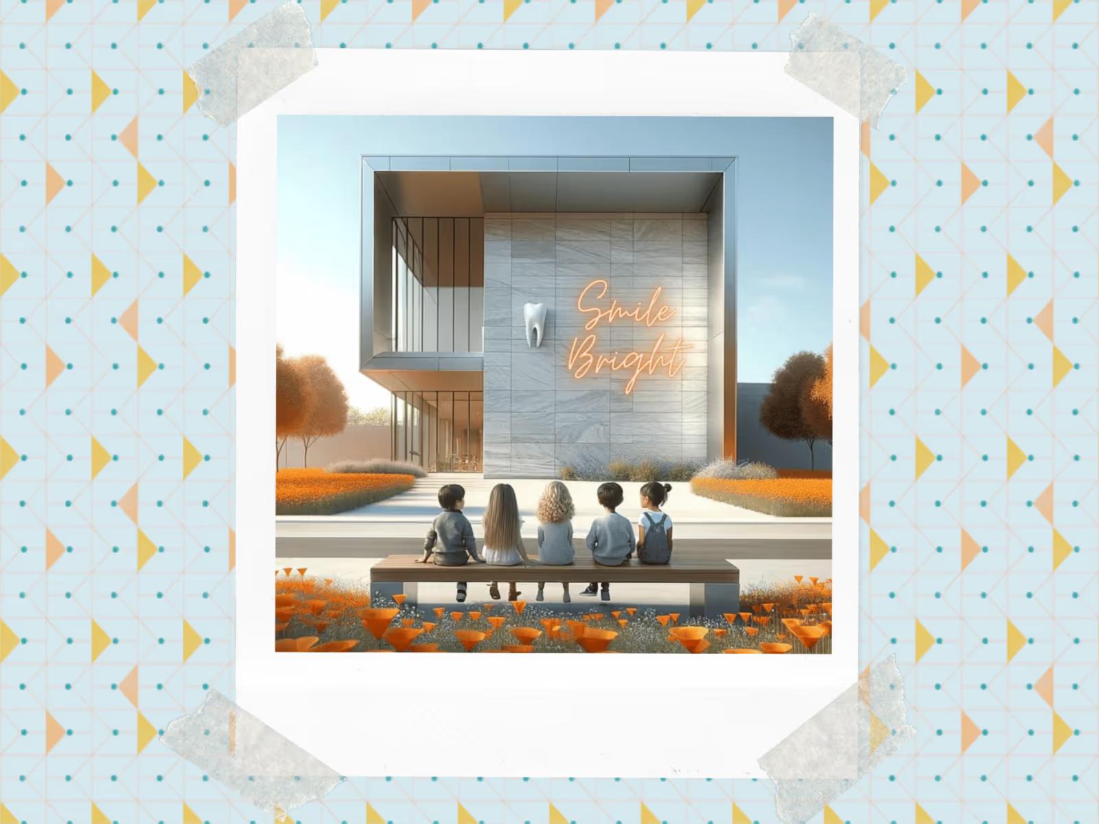 A framed promotional graphic for 'Children's Dental Health' Month featuring four children sitting on a bench, gazing at a modern dental clinic with an elegant 'Smile Bright' neon sign on the wall. The frame is decorated with a playful, geometric pattern featuring toothbrushes and teeth. The image is set against an autumnal background with trees and a vibrant field of orange flowers, creating a warm and welcoming atmosphere.