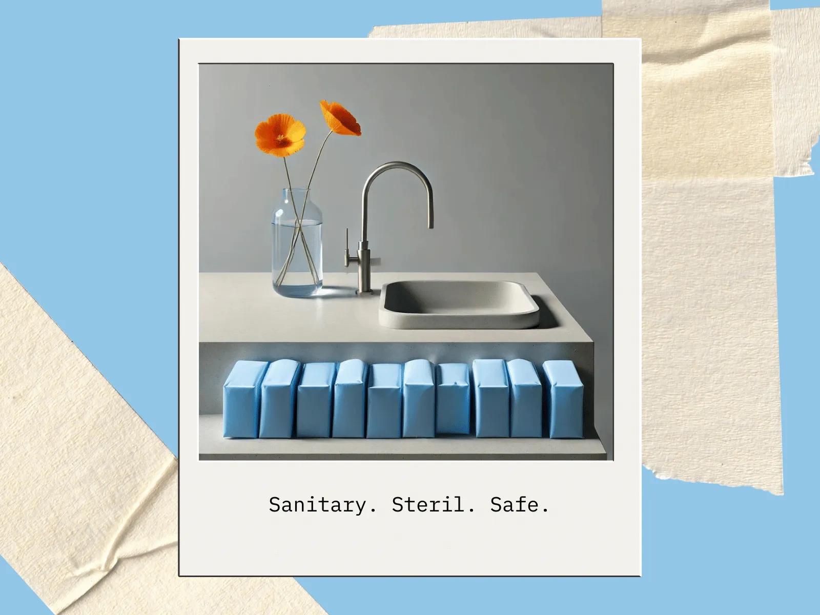 Aesthetic promotional image showcasing a sterilization area with a minimalist design. The image features a clean, white countertop with a modern sink and a faucet. On the counter, there is a glass vase holding two bright orange poppy flowers, adding a touch of color. Below the sink, there is a row of neatly arranged blue dental cassettes. The image is framed with a white border and a caption that reads 'Sanitary. Steril. Safe.', emphasizing the focus on cleanliness and safety.