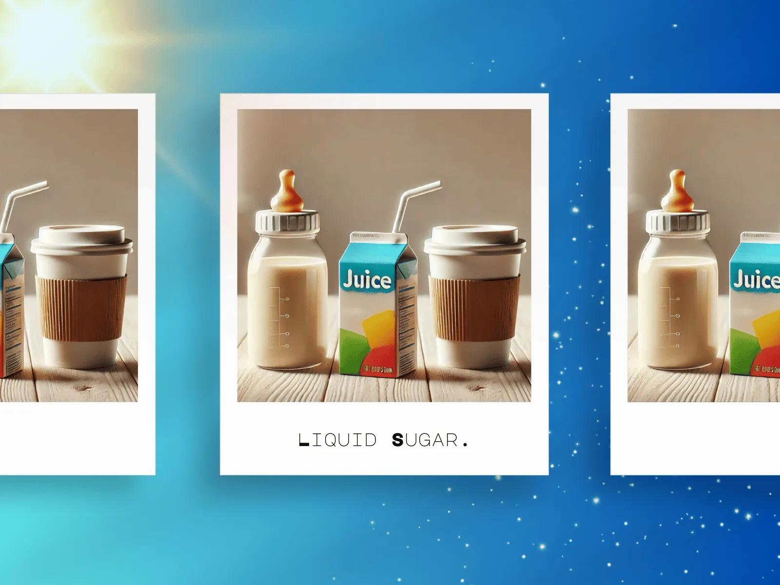 Three polaroid-style images on a starry blue background. Each photo shows a baby bottle filled with milk, a juice box, and a takeaway coffee cup. The center image is labeled "LIQUID SUGAR." This visual emphasizes sugary drinks commonly consumed by different age groups.