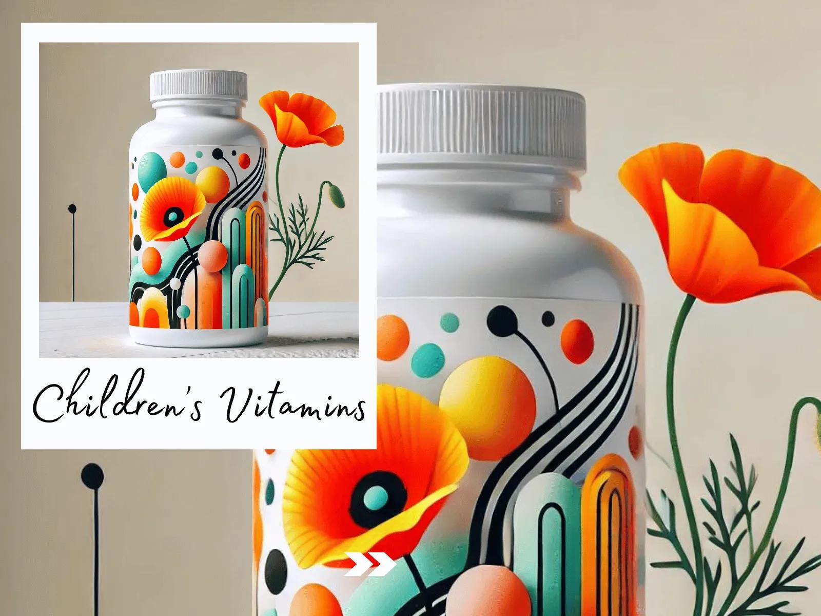 Two images of a white vitamin bottle with colorful abstract designs featuring poppy flowers, geometric shapes, and wavy lines. The bottle has a white cap and is labeled "Children's Vitamins". Orange poppy flowers and green leaves surround the bottle, creating a vibrant and playful composition against a neutral background.