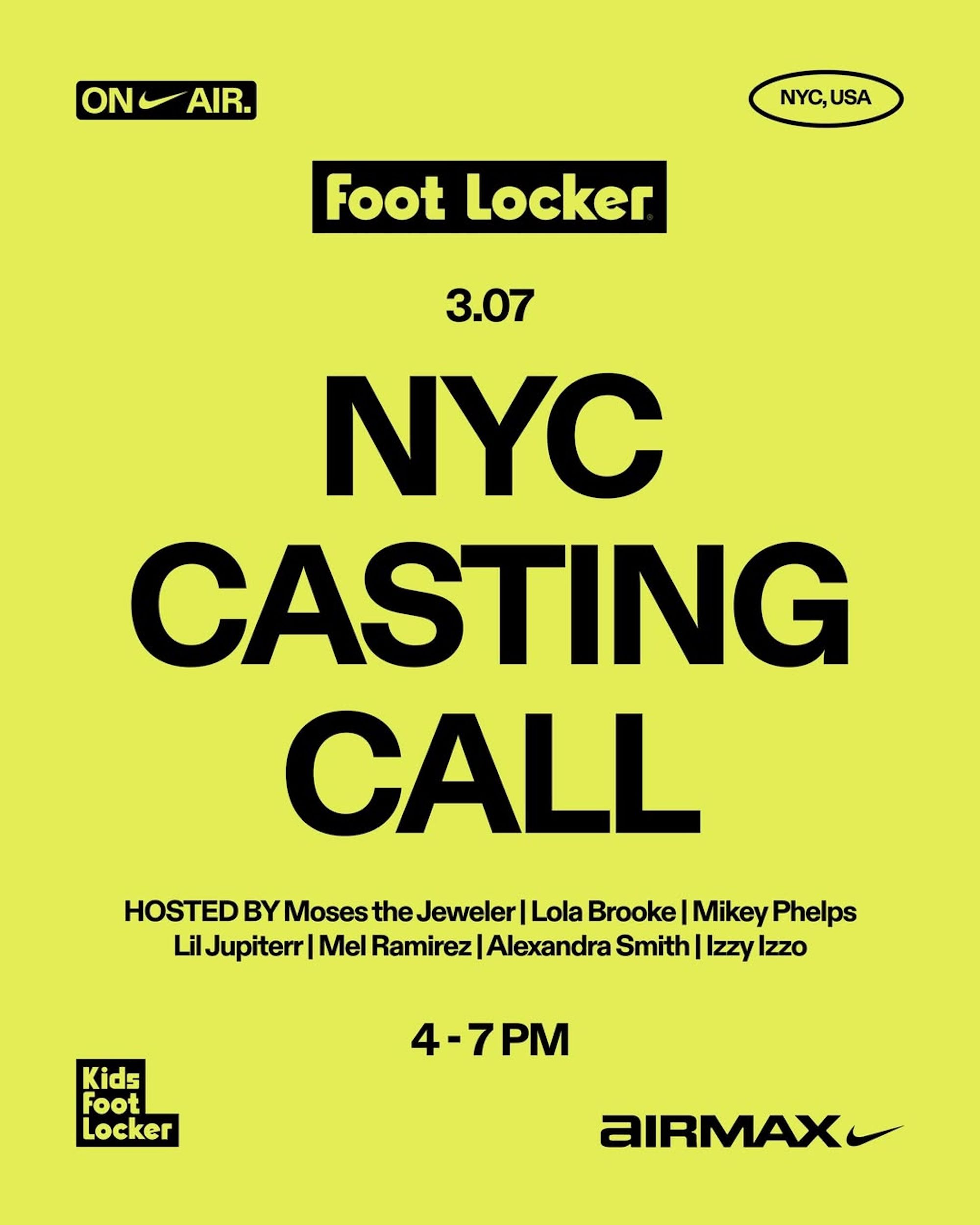 Flyer for Foot Locker's NYC Casting Call ahead of 2026 Nike Air Max Day.