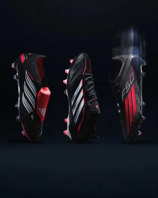 "Immortal DNA" football boots from adidas, including the F50, Predator, and Copa franchises, in a black-and-red color scheme.