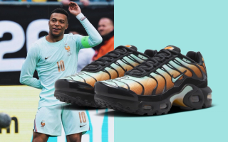 Kids' Nike Air Max Plus in a "Black/Monarch/Dark Russet/Igloo" color scheme that matches the 2026 France Away World Cup™ jersey.