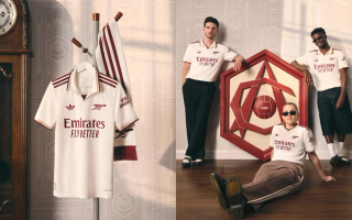 Declan Rice and Bukayo Saka wearing the  Arsenal x Adidas 25-26 Third Jersey inspired by Highbury Stadium.
