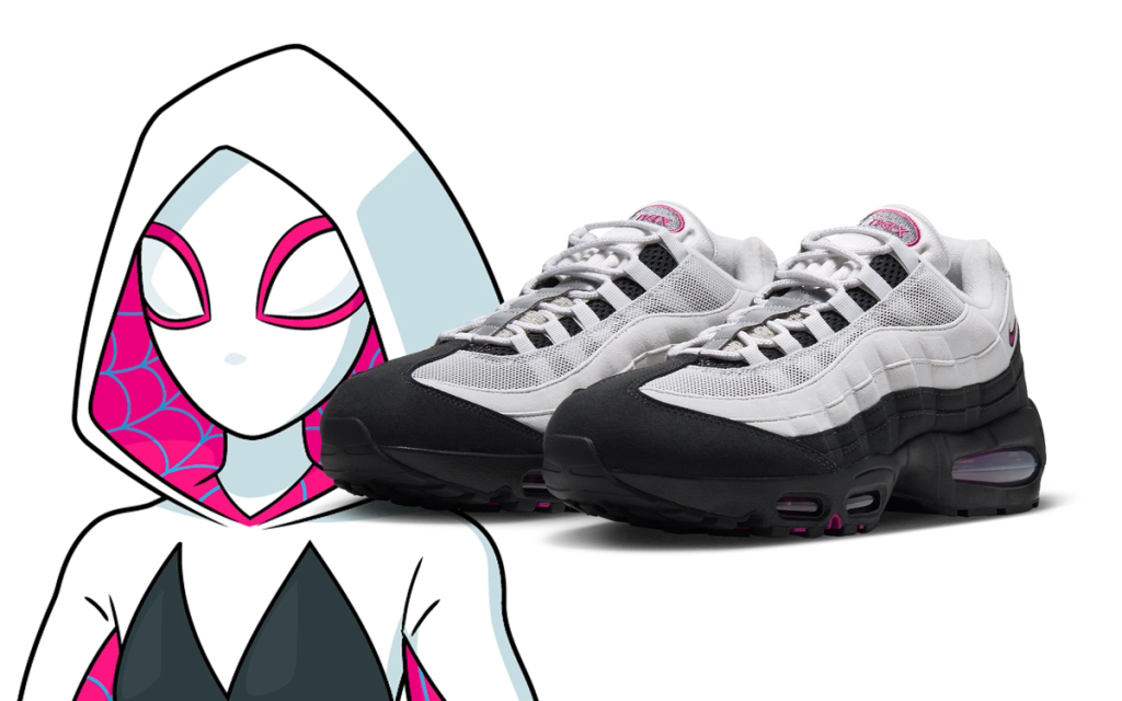 Nike Air Max 95 in Sweet Beet colorway, featuring magenta and black Spider-Gwen-inspired design with visible Air unit