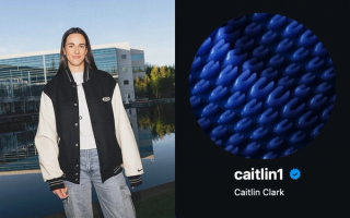 Caitlin Clark's wearing Nike Signature Logo on a varsity jacket; new Instagram picture and @Caitlin1 handle, teasing Nike Basketball debut signature sneaker.