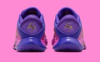 Heel angle of Medial angle of A'ja Wilson's Nike A'One in a "Fierce Purple/Hyper Magenta" color scheme.