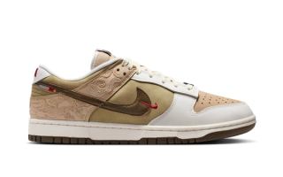 Men's Nike Dunk Low "Lunar New Year" (2026) in a "Linen/Phantom/Neutral Olive/Dark Hazel" color scheme.