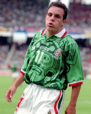 Cuauhtémoc Blanco wearing Mexico's 1998 Home jersey by ABA SPORT in that year's World Cup™. Photo by Mark Leech/Offside.