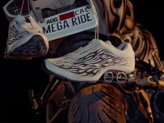 Campaign visual for the HELLSTAR x adidas Megaride S2 "White/Black" sneaker. Photo via adidas.