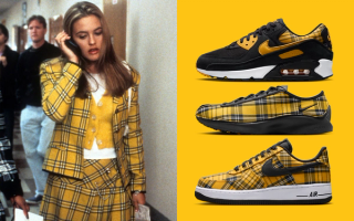 Cher Horowitz wearing yellow plaid outfit in 1995's Clueless film, which matches three pairs of upcoming Women's Nikes (Air Max 90, Air Superfly & Air Force 1 Low).