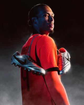 Virgil van Dijk in promotional material for Nike Football's Tiempo Ligera Pro boots in "Metallic Silver."