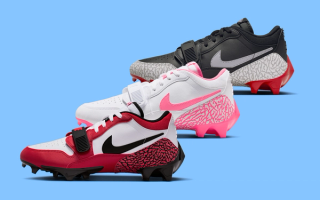 Three different Jordan Legacy 312 Low TD U.S. Football Cleats, featuring red, pink, and black color schemes.