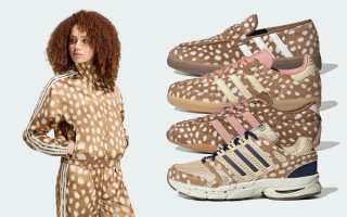 Women's adidas Originals Firebird Tracksuit & four different "Deer Print" sneakers (Samba, Handball Spezial Loafer, Tokyo & Adistar Control 5), part of a Fall 2026 Collection.