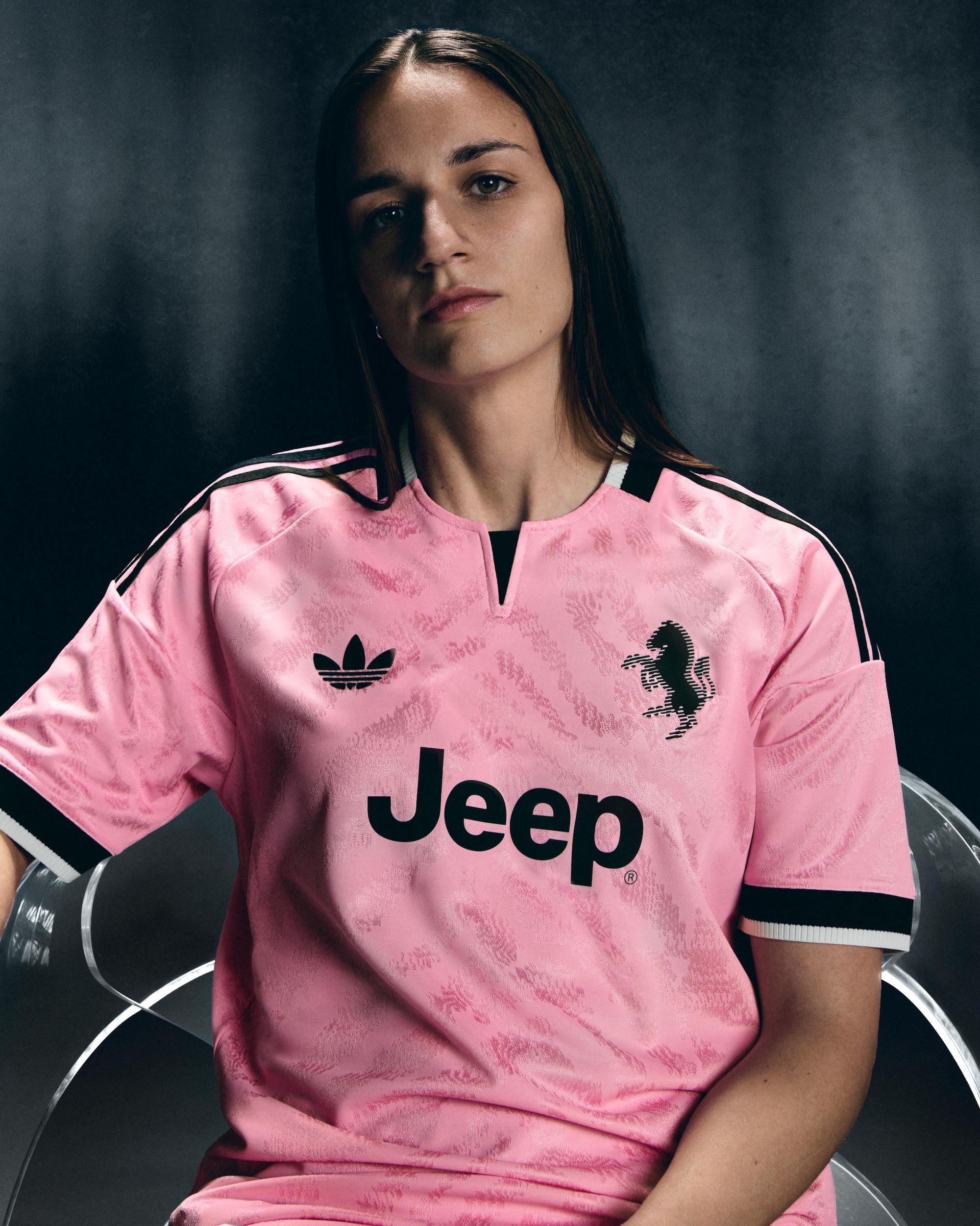 Juventus 26/27 Away Jersey in a "True Pink" color. Photo via adidas.