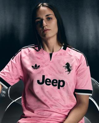 Juventus 26/27 Away Jersey in a "True Pink" color. Photo via adidas.