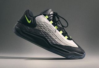 Kevin Durant's Nike KD 18 in a neon yellow and grey color scheme inspired by the Nike Air Max 95. The collab is with Ronnie Fieg's Kith.