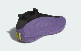 adidas Harden Vol. 10 in a "Tech Purple/Core Black/Lucid Lemon" color scheme.