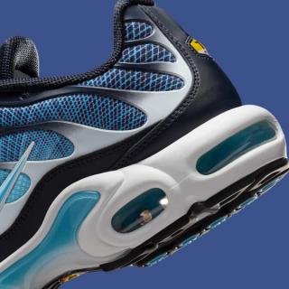 Heel close-up of Nike's Air Max Plus featuring a "Blue Chill" grid pattern across the upper.