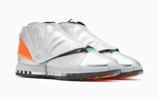 Free The Youth x Air Jordan 16 retro collaboration in a "Metallic Silver/Picante Red/Metallic Silver/Total Orange" color scheme.