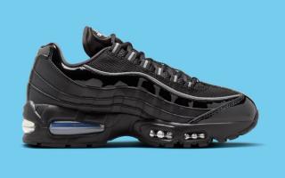 Medial angle of Nike's Air Max 95 Big Bubble sneaker in a "Black" patent leather makeover.
