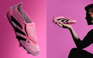 David Beckham's pink Adidas Predator Elite FT FG and Predator Freestyle collaboration marketing material.