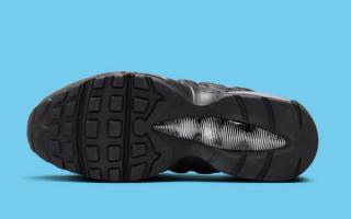 Outsole angle of Nike's Air Max 95 Big Bubble sneaker in a "Black" patent leather makeover.