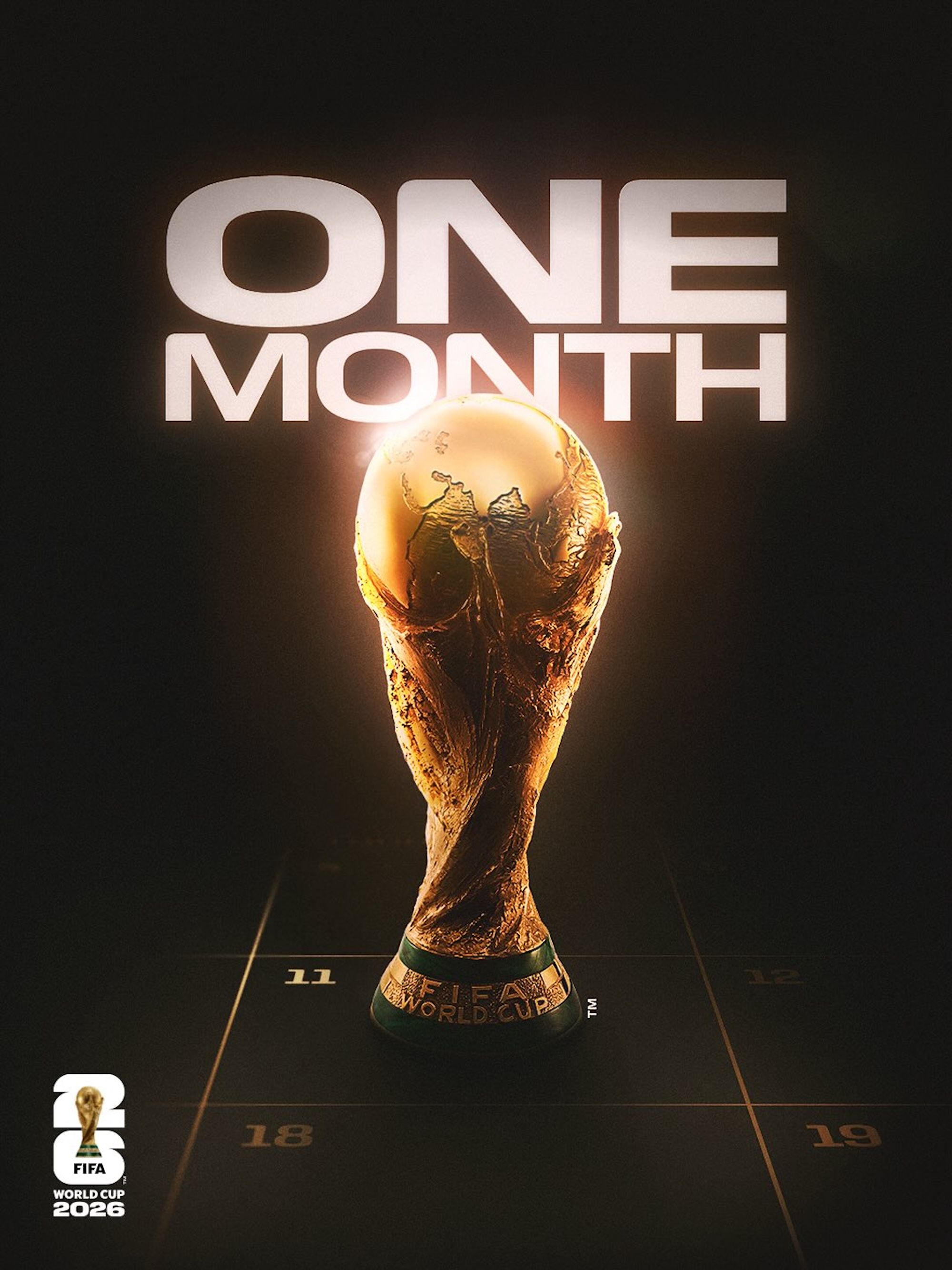 FIFA World Cup 26™ promo photo of the World Cup™ Winner's Trophy announcing that the football tournament is one month away (June 11, 2026).