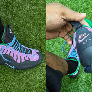 Jae Tips x Nike Air Bakin Low "Savior" collab in a purple. black, blue & pink color scheme. Set to release in early 2027.