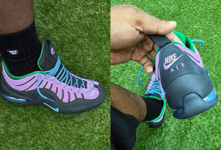 Jae Tips x Nike Air Bakin Low "Savior" collab in a purple. black, blue & pink color scheme. Set to release in early 2027.