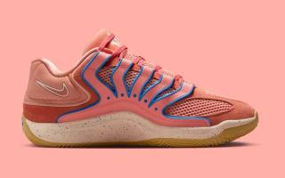 Medial angle of Kevin Durant's Nike KD 18 in an "Atomic Pink" color scheme.