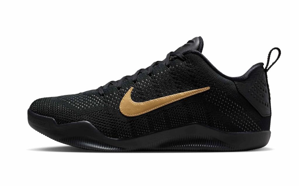 Nike Kobe 11 Elite Protro in Fade to Black colorway, side and three-quarter view showing monochromatic black upper with performance tooling